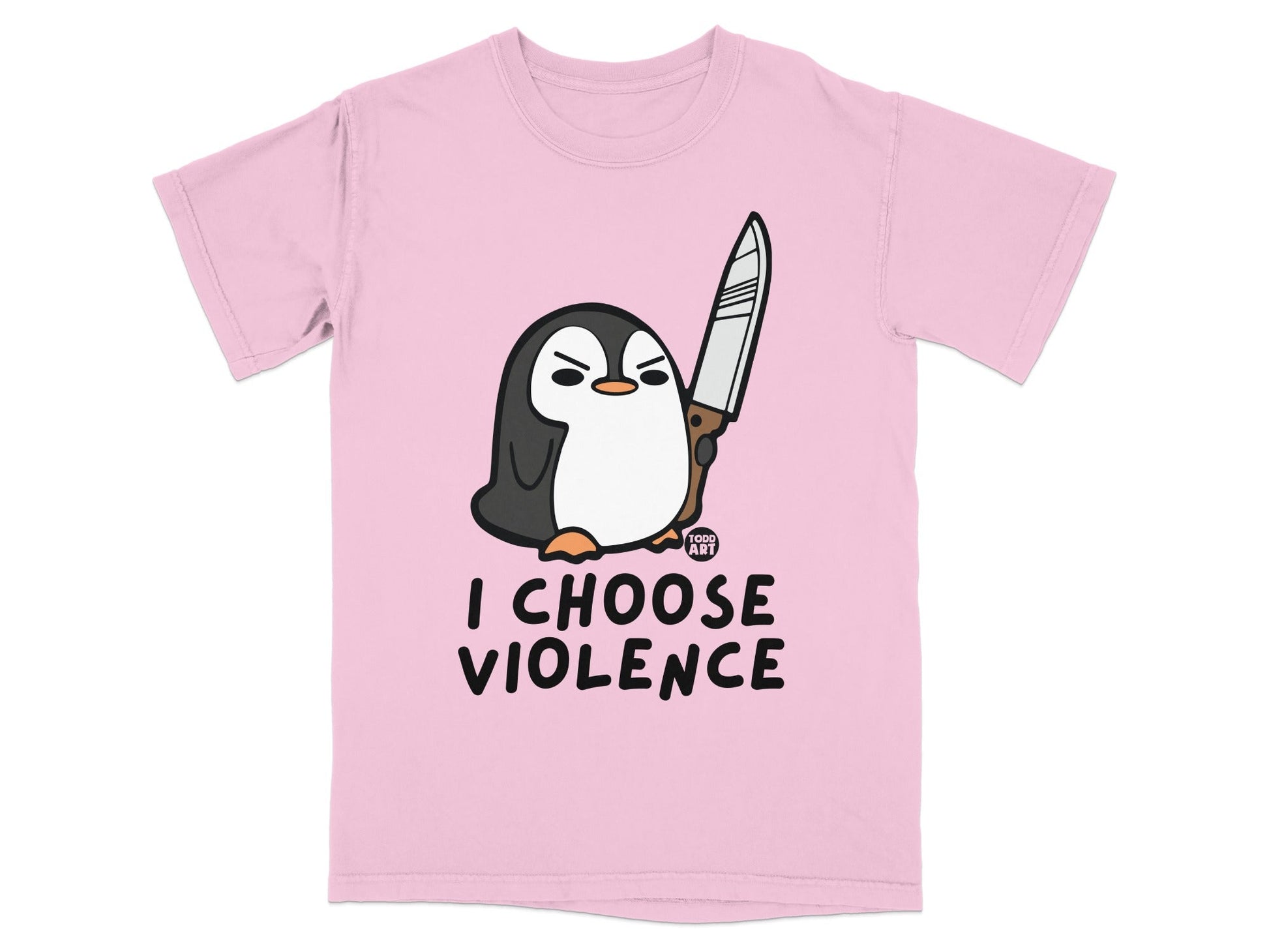 Pink t-shirt with cartoon penguin holding a knife and text "I CHOOSE VIOLENCE".