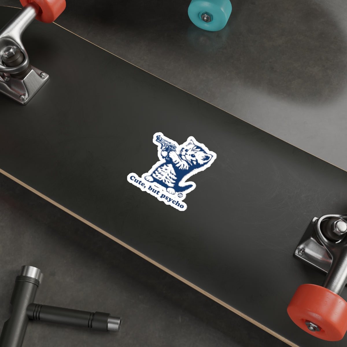 Cute but psycho kitten gun graphic design sticker 