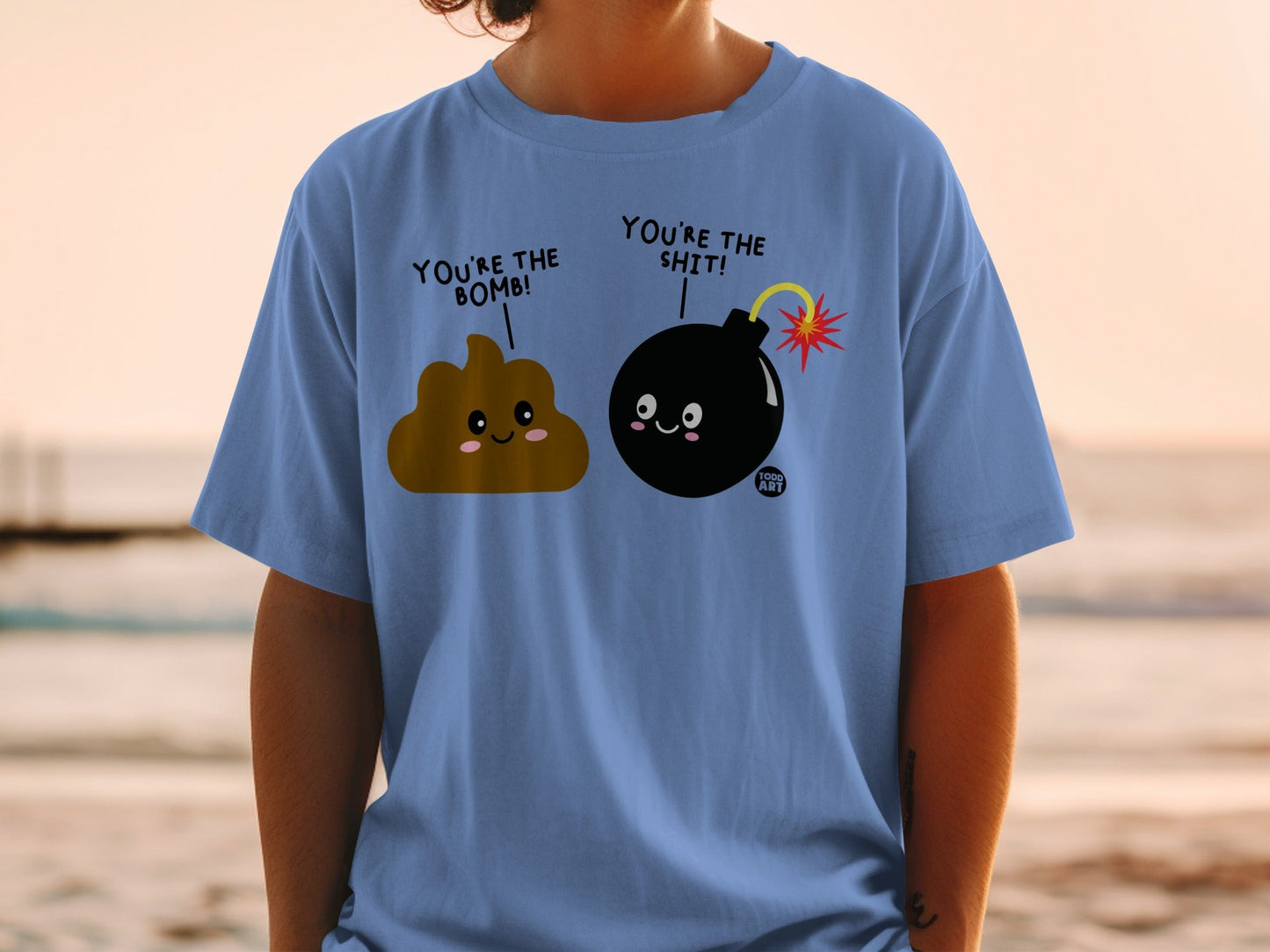 Brown emoji poop and black bomb emoji with text "You're the bomb!".
