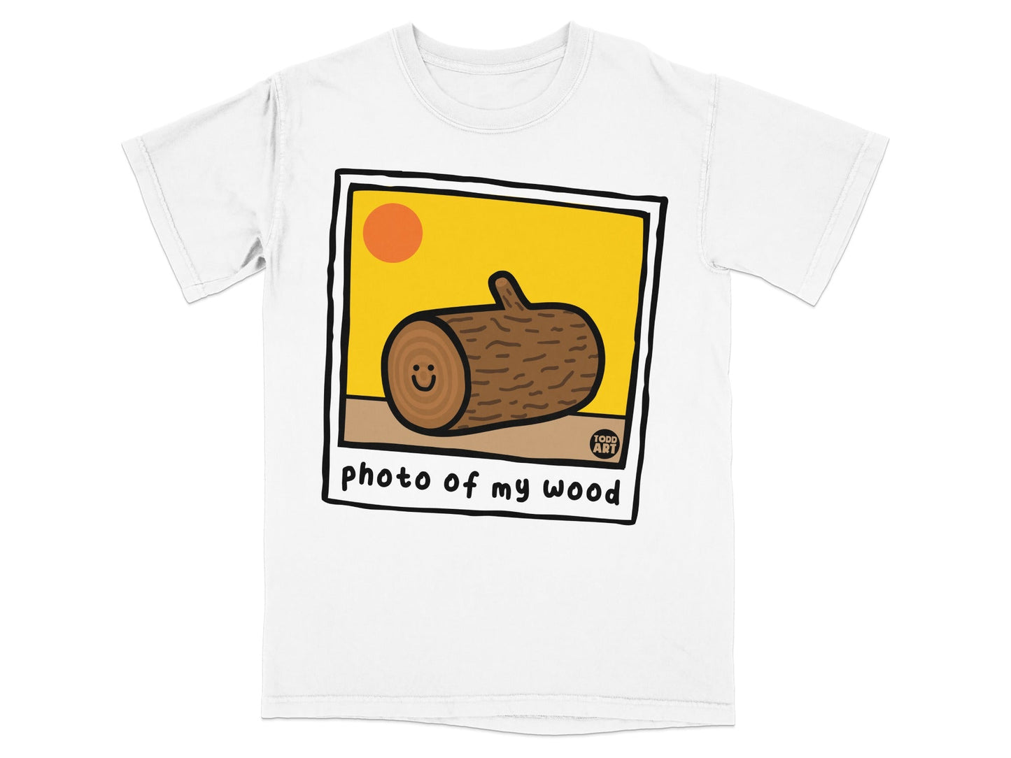 T-shirt with a cartoon log smiling, with "photo of my wood" text.