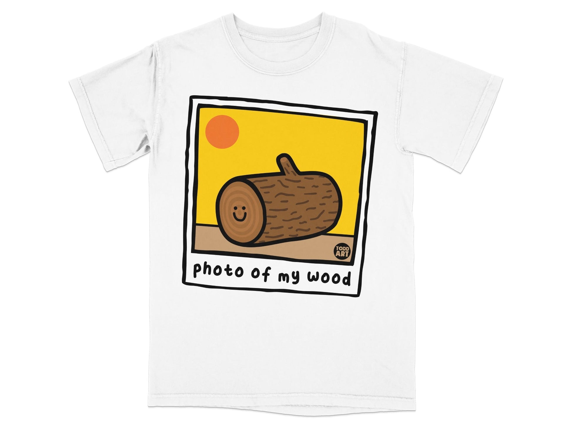 T-shirt with a cartoon log smiling, with "photo of my wood" text.