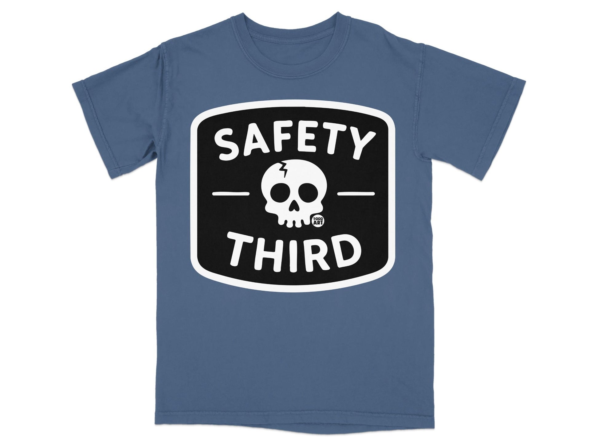 Blue t-shirt with a black and white "SAFETY THIRD" skull logo.