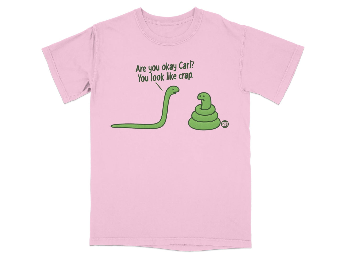 Pink t-shirt with cartoon snake asking another snake "You look like crap."