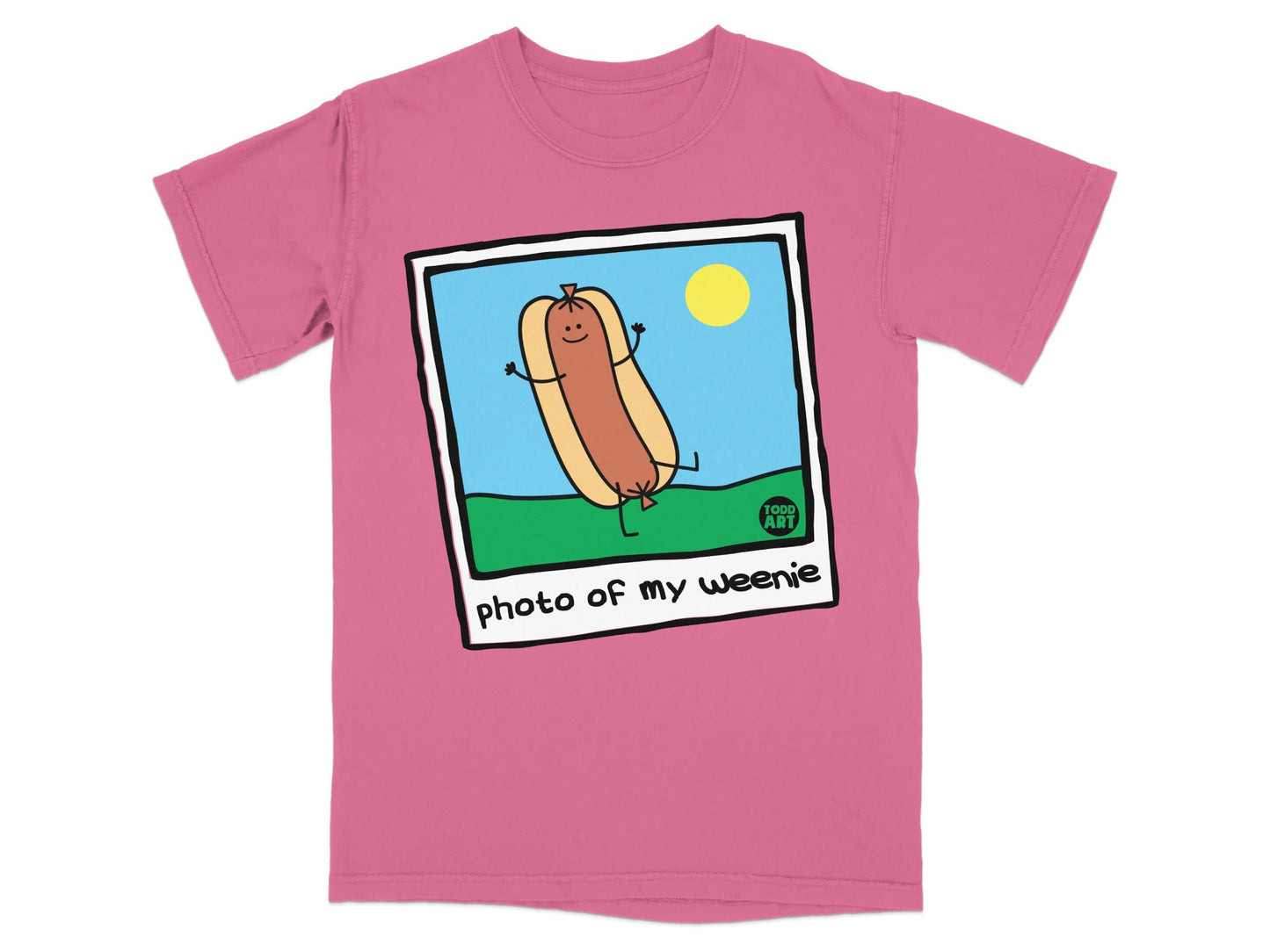 Cartoon hot dog with arms and legs on grass with sun, "photo of my weenie" text.