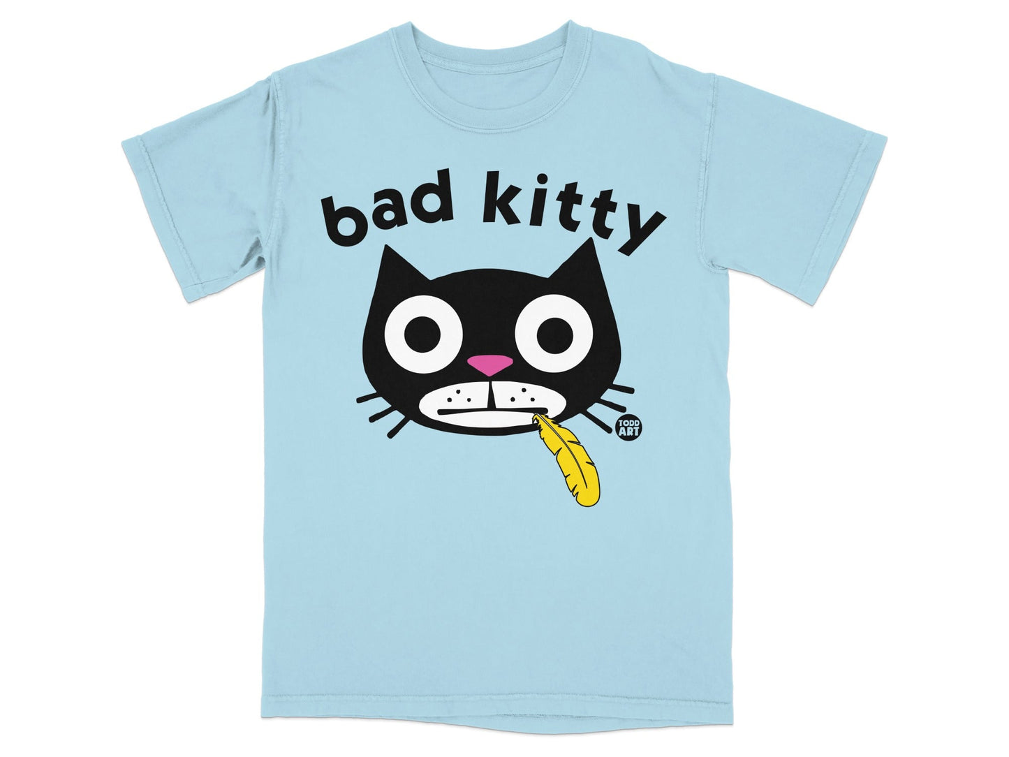 Bad Kitty Graphic on Light Blue T-shirt for Cat Lovers