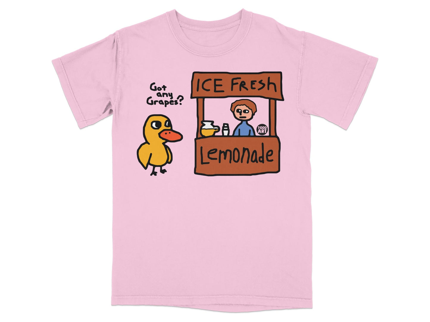 Pink t-shirt with a cartoon duck and lemonade stand.