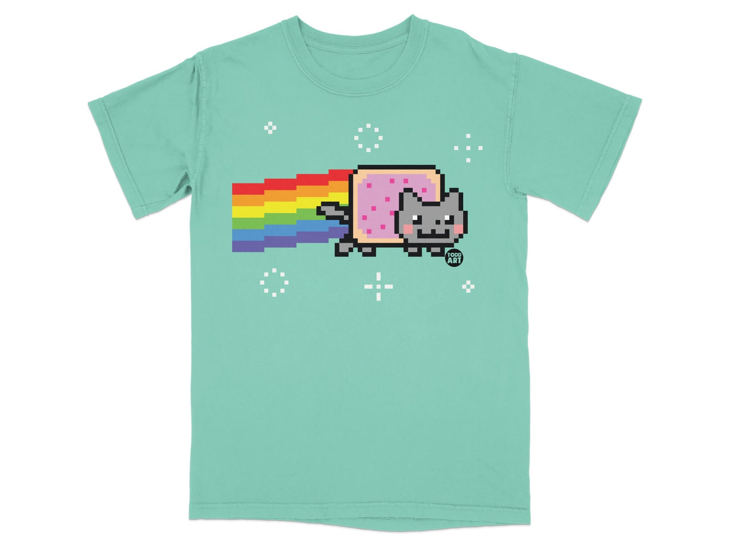 Mint green t-shirt with Nyan Cat and rainbow trail graphic.