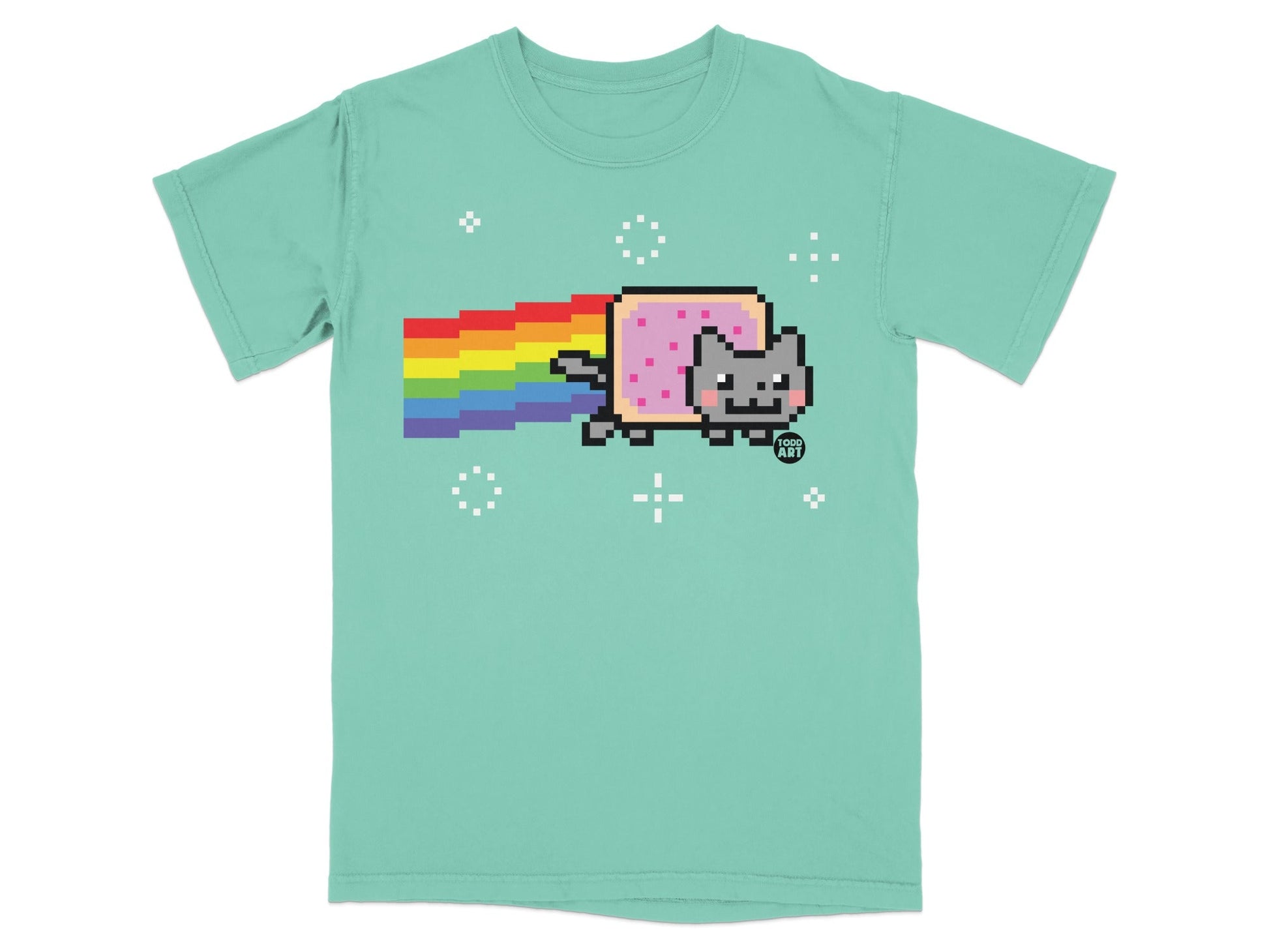Mint green t-shirt with Nyan Cat and rainbow trail graphic.