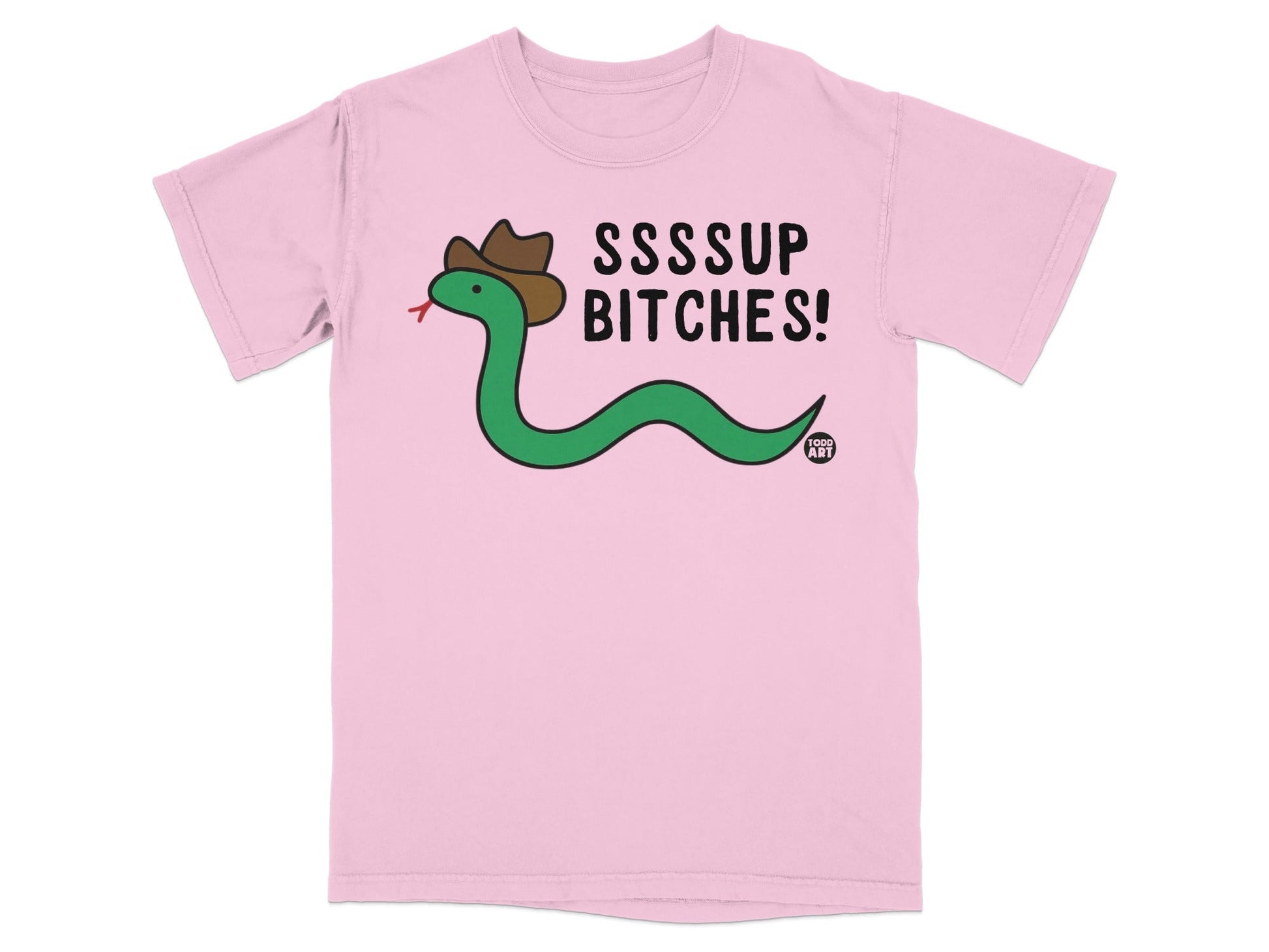 Green snake wearing a cowboy hat and saying "SSSUP BITCHES!" on a pink t-shirt.