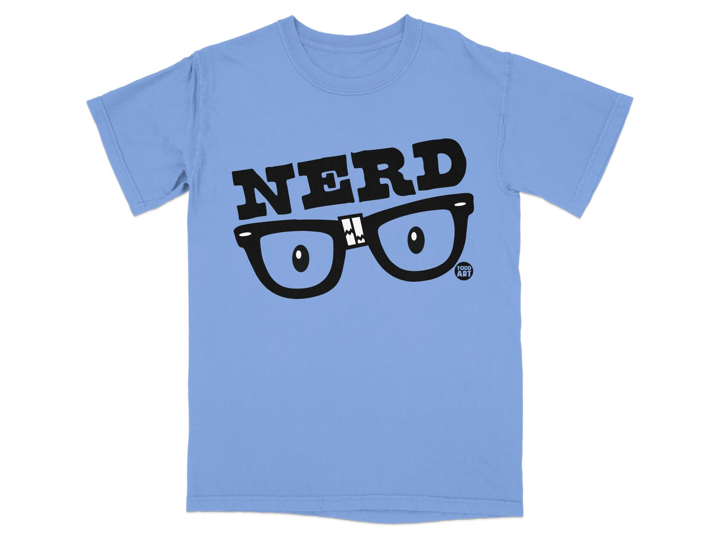 Light blue t-shirt with "NERD" text and cartoon glasses graphic.