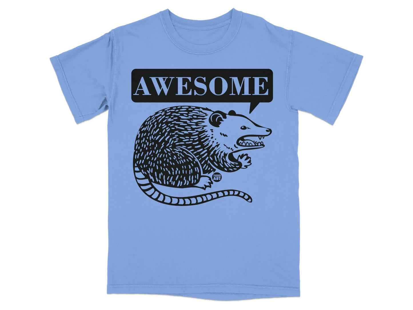 Blue t-shirt with a black graphic of a grinning possum saying "AWESOME".