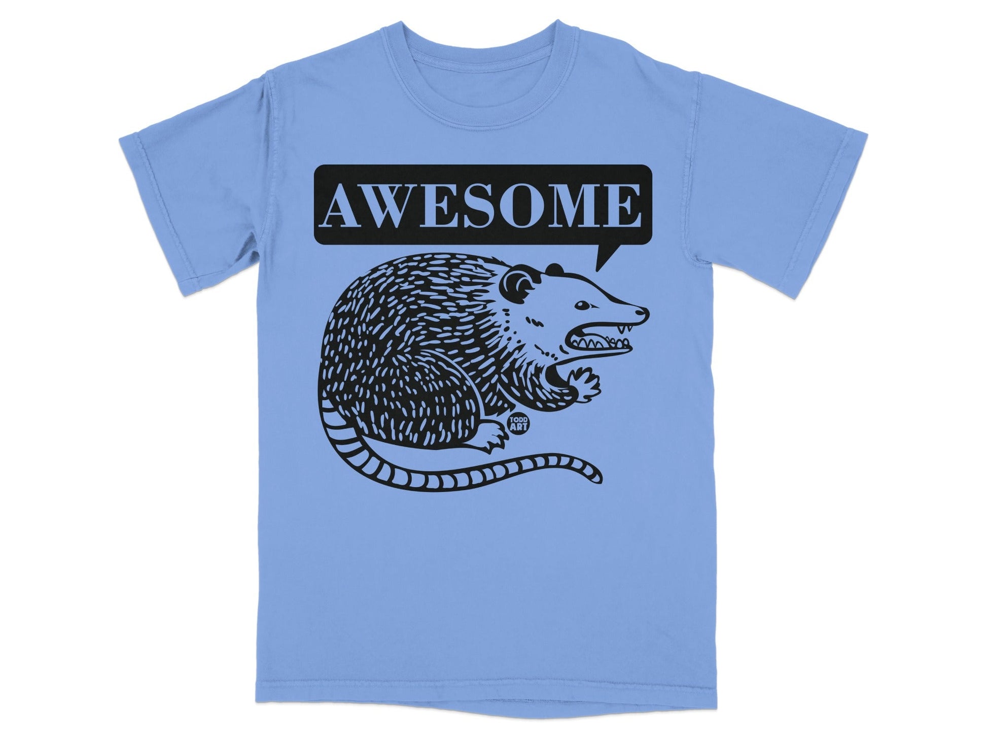 Blue t-shirt with a black graphic of a grinning possum saying "AWESOME".