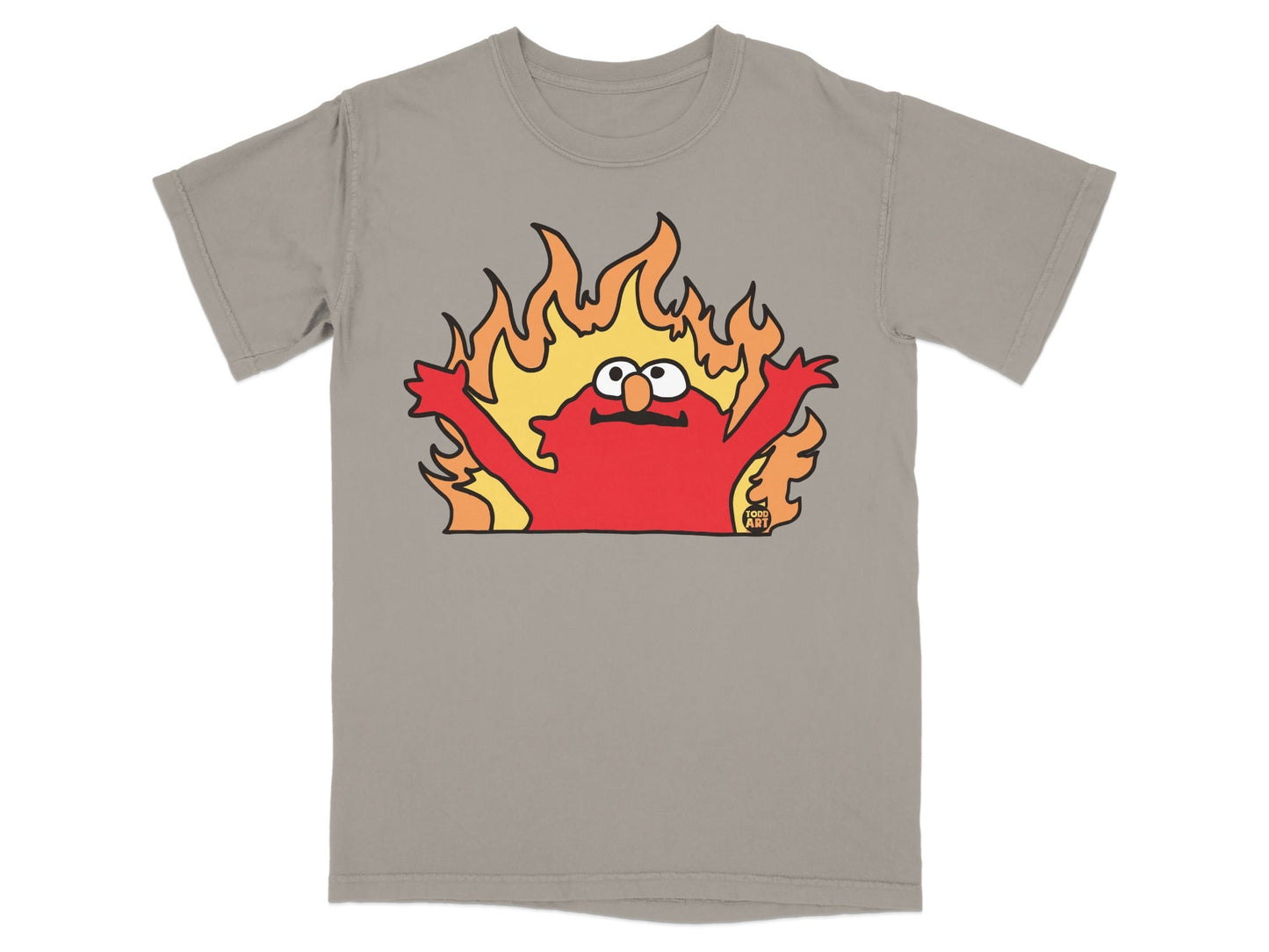 Elmo engulfed in flames on a grey t-shirt.
