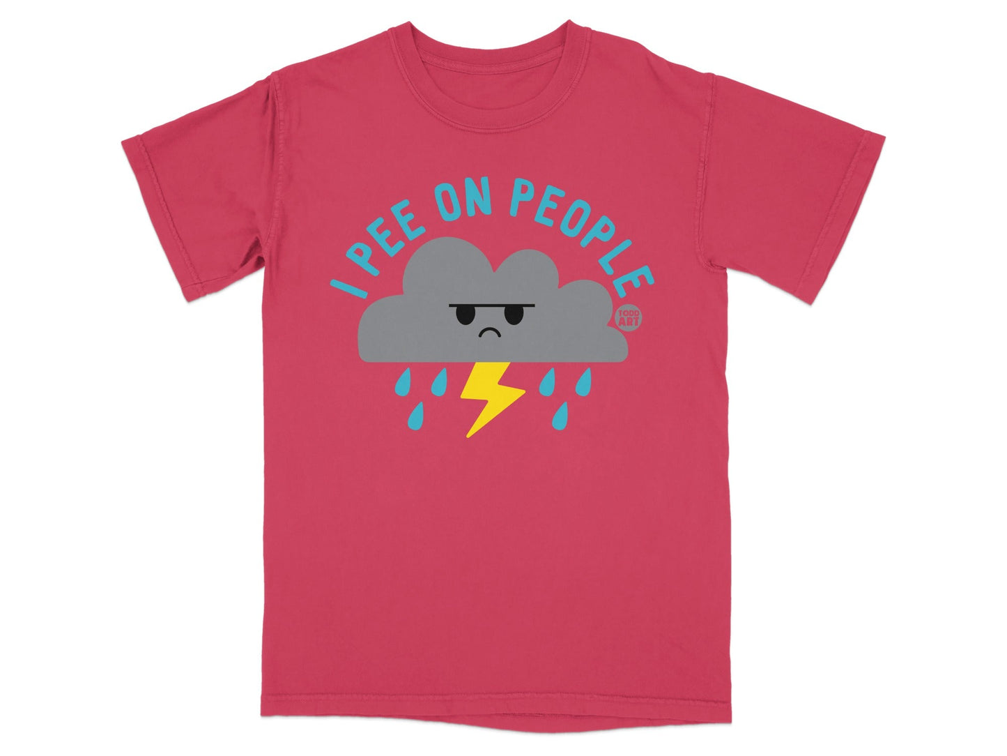 T-shirt with a grumpy cloud and lightning bolt graphic, saying "I pee on people."