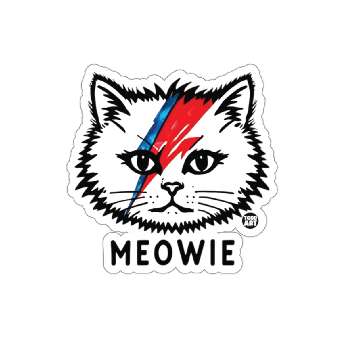 Meowie Cat Sticker with Colorful Lightning Bolt Design