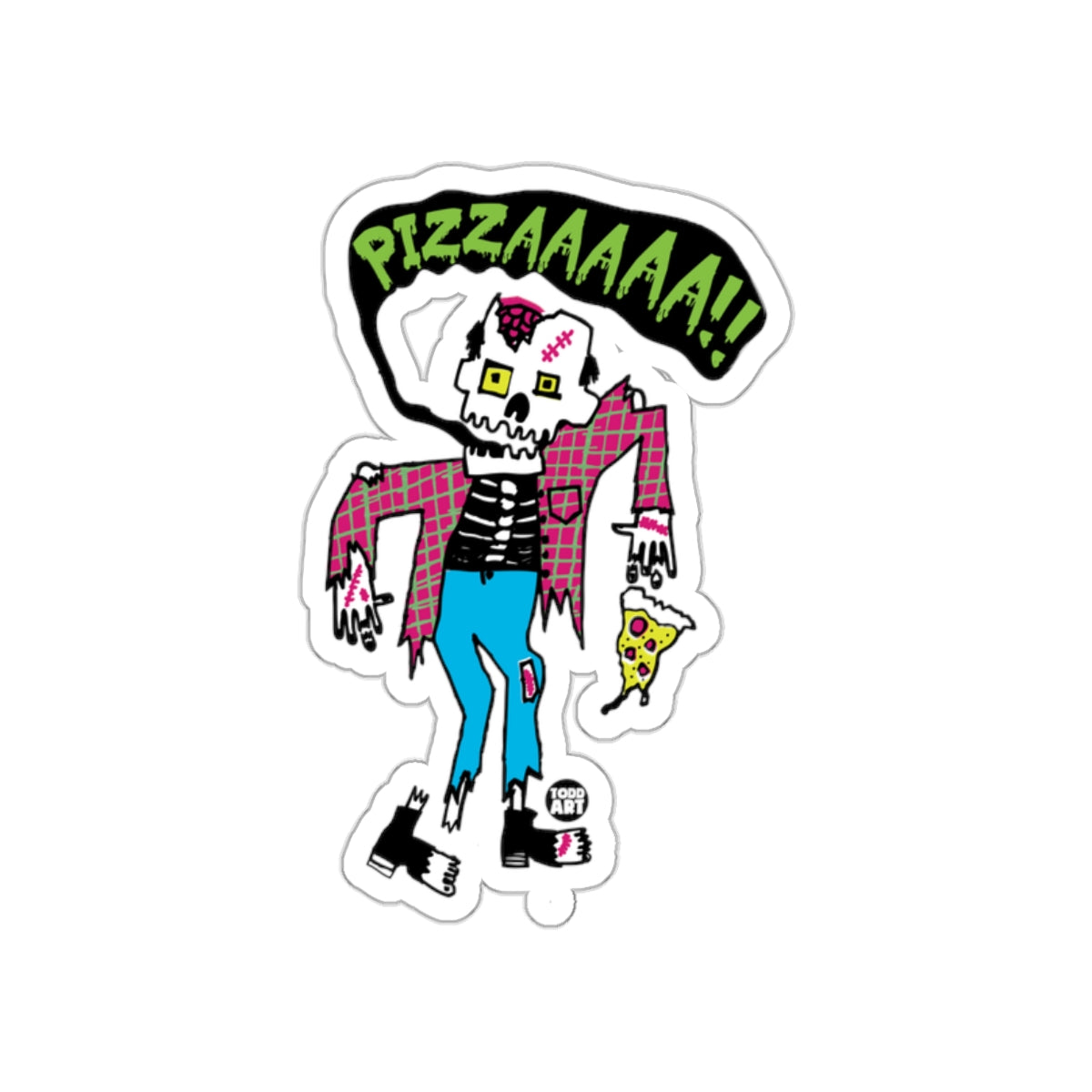 PIZZZAAAAA!! Quirky Skeleton Holding Pizza Design Sticker