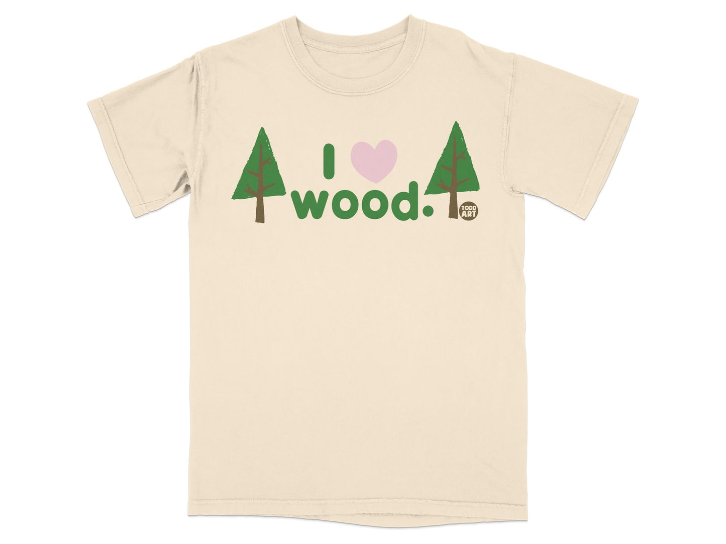 Cream t-shirt with "I ‚ù§Ô∏è wood." graphic featuring trees and a heart.