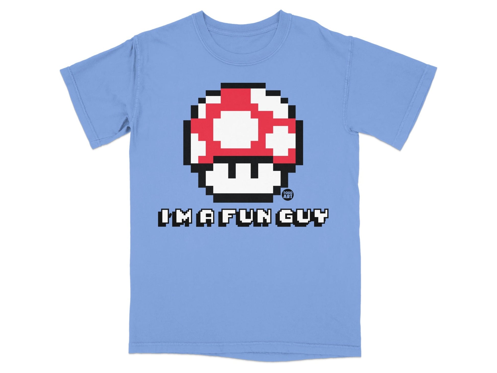 Light blue t-shirt with pixelated Super Mario mushroom and "I'M A FUN GUY" text.
