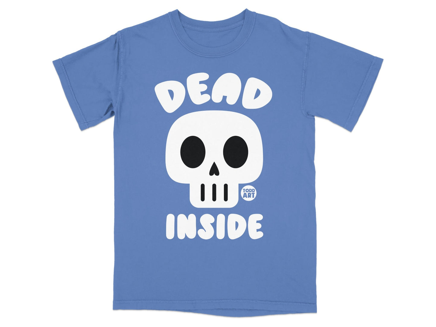 Blue t-shirt with a white skull and "DEAD INSIDE" text.