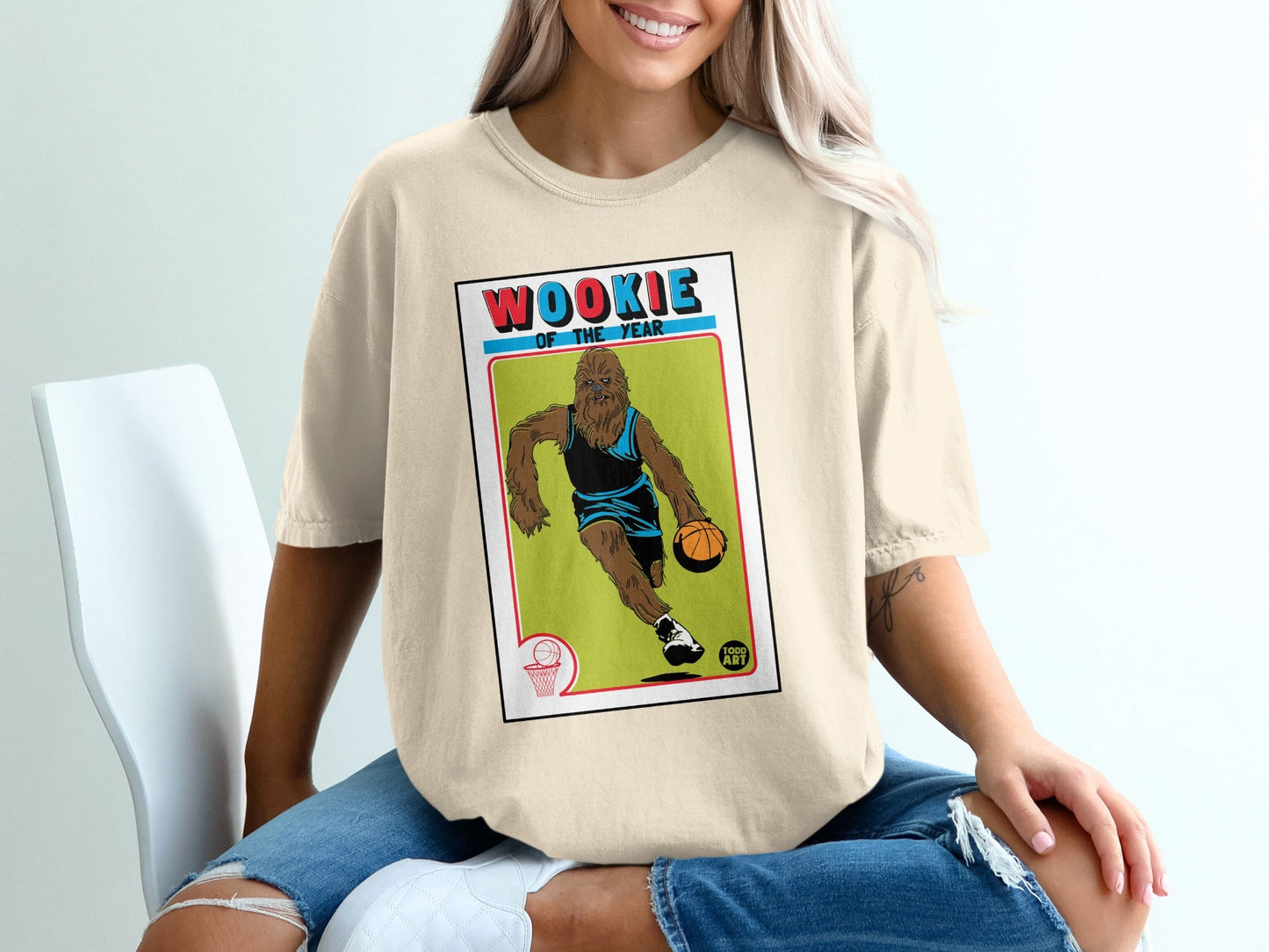 Wookiee of the Year basketball card graphic on a tan t-shirt.