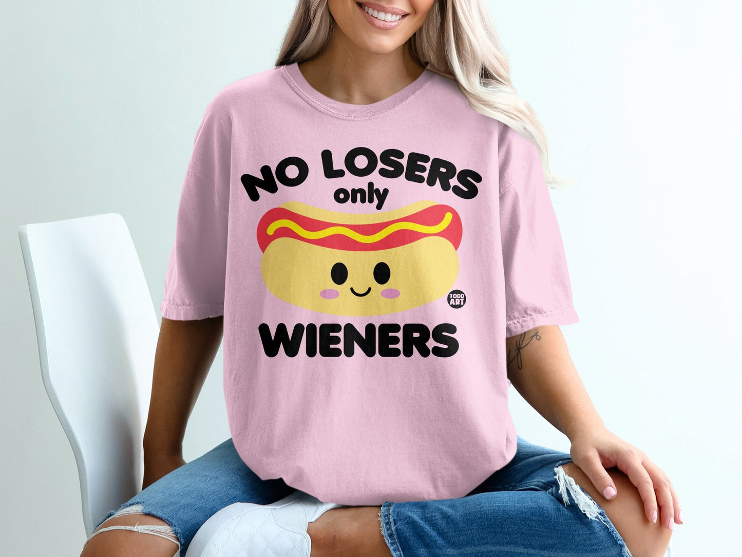 Pink t-shirt with "NO LOSERS ONLY WIENERS" and a cartoon hot dog graphic.