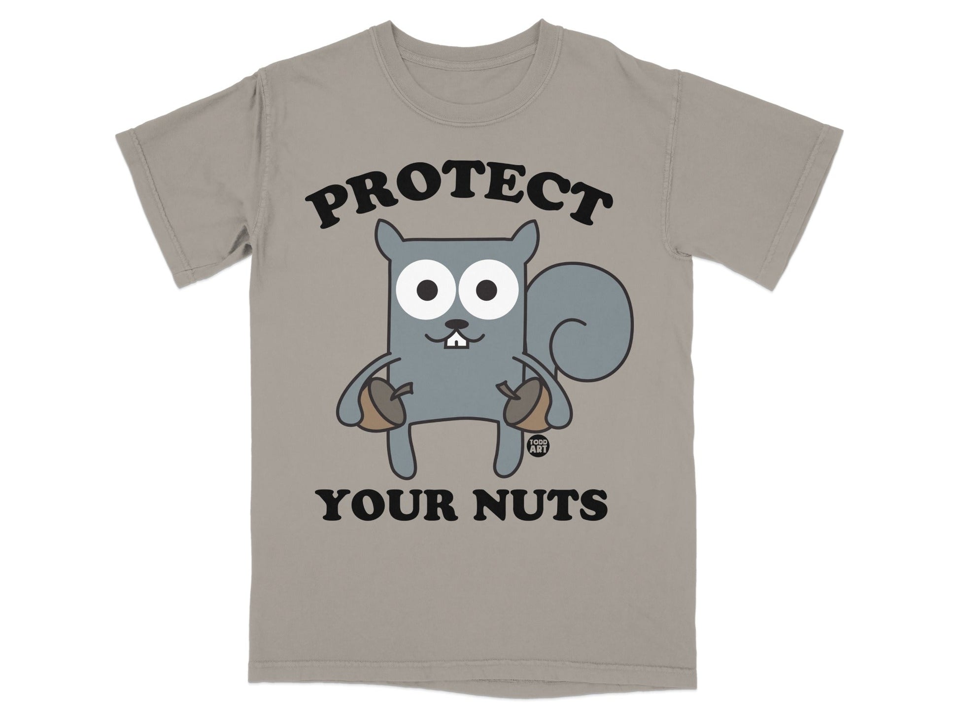 Grey t-shirt with a cartoon squirrel holding acorns and the text "PROTECT YOUR NUTS".