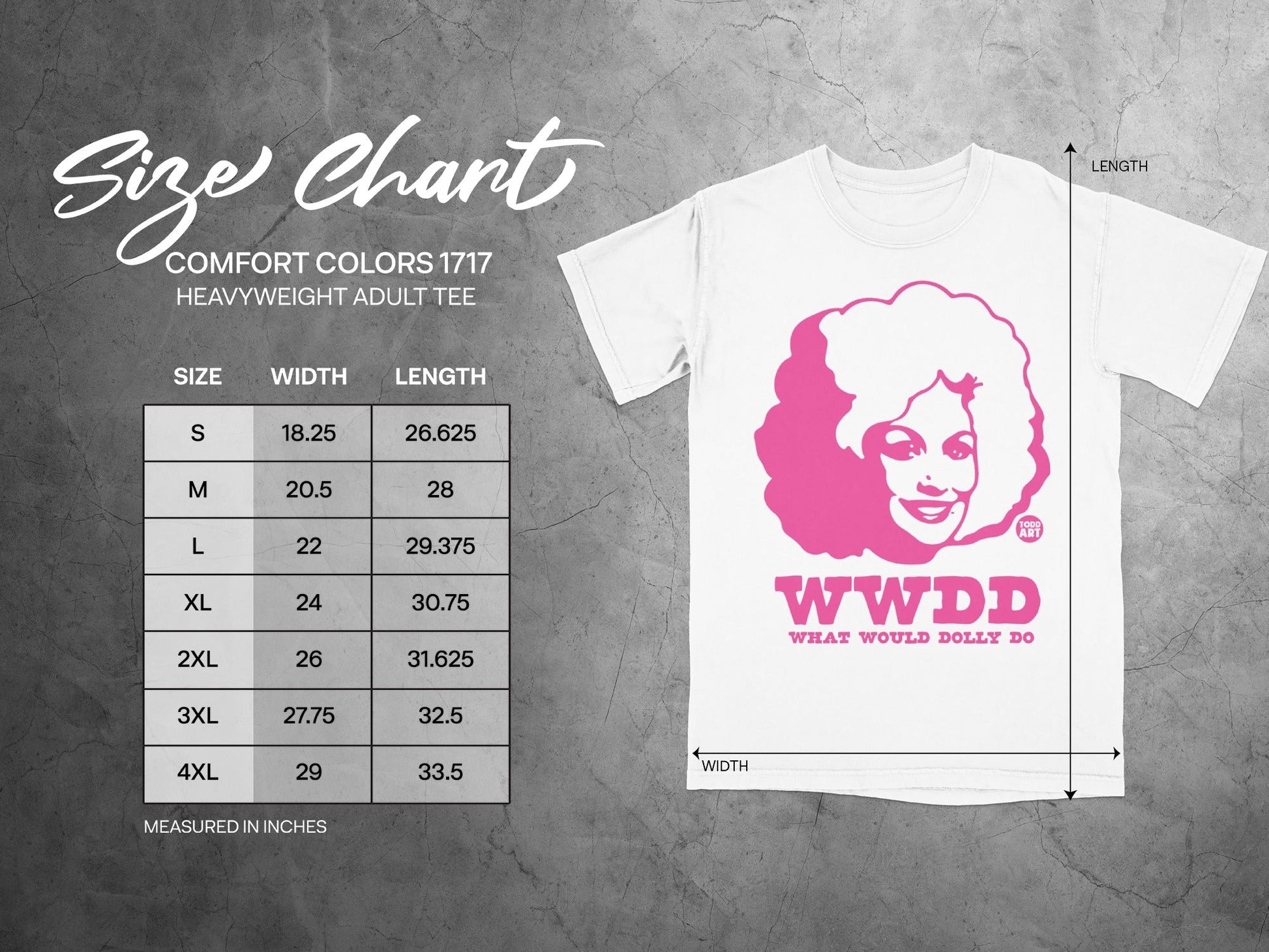Size chart for Comfort Colors 1717 heavyweight adult tee with measurements.