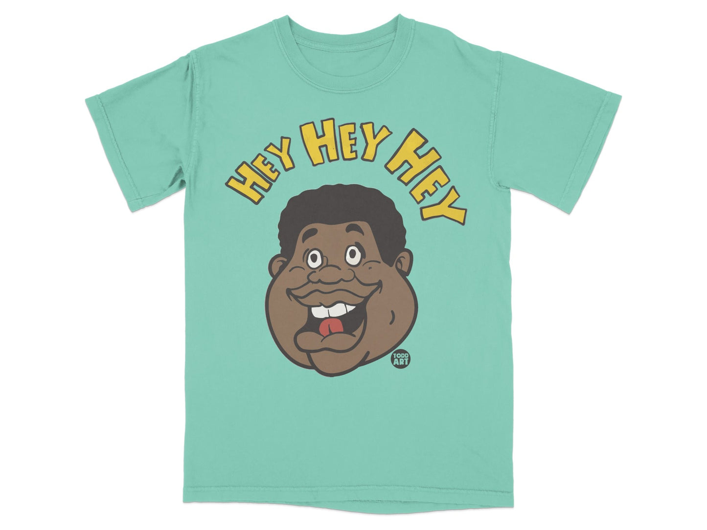 Teal t-shirt with cartoon face and "HEY HEY HEY" text.