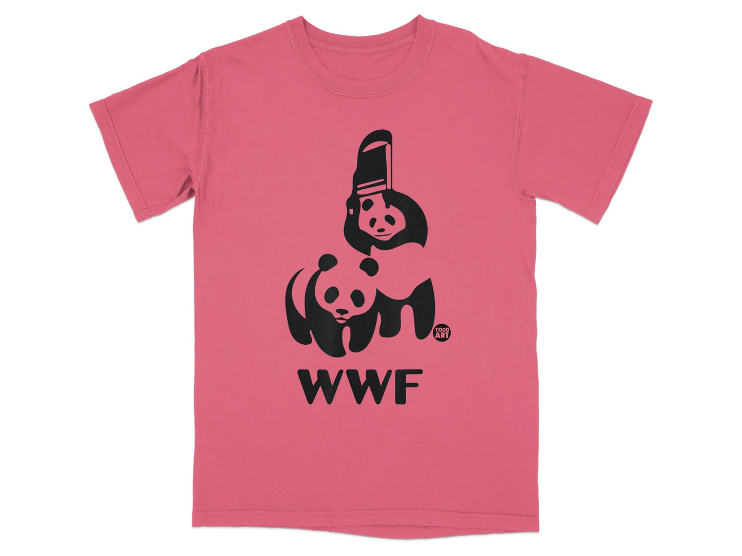 Pink t-shirt with black WWF panda logo and "FOGO ART" circular emblem.