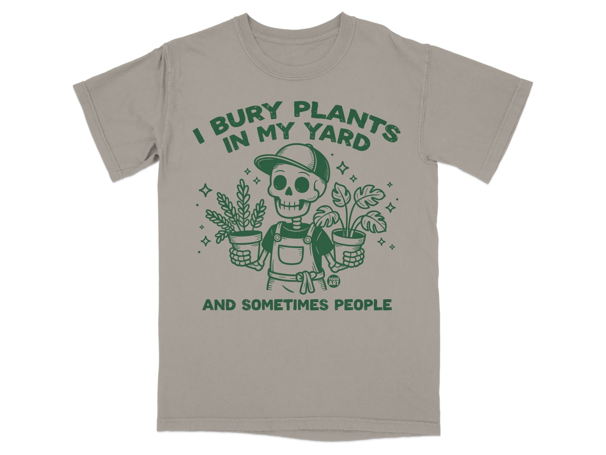 Skeleton holding potted plants with text "I bury plants in my yard".