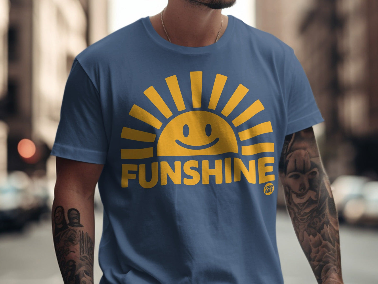 Blue t-shirt with yellow sun graphic and "FUNSHINE" text.