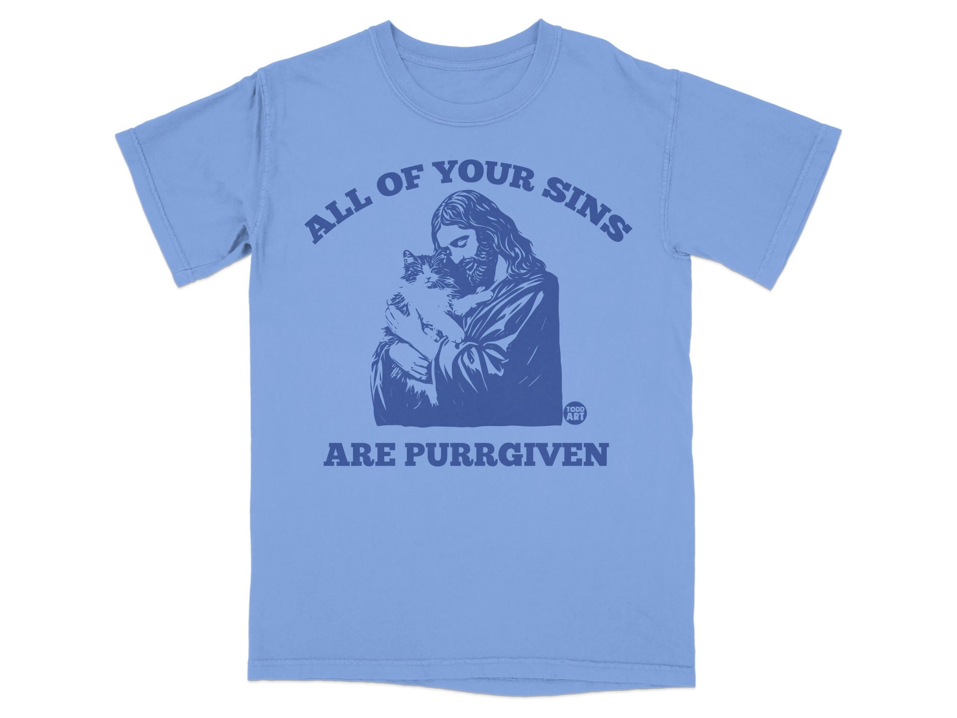 Blue t-shirt with Jesus holding a cat, text "All of your sins are purr-given".