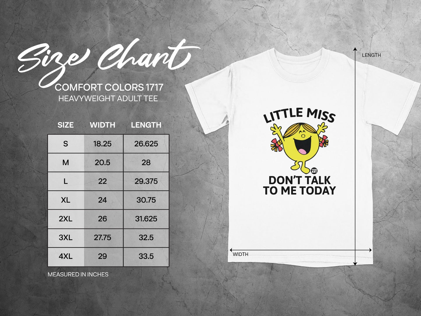 T-shirt size chart showing width and length measurements for sizes S-4XL.