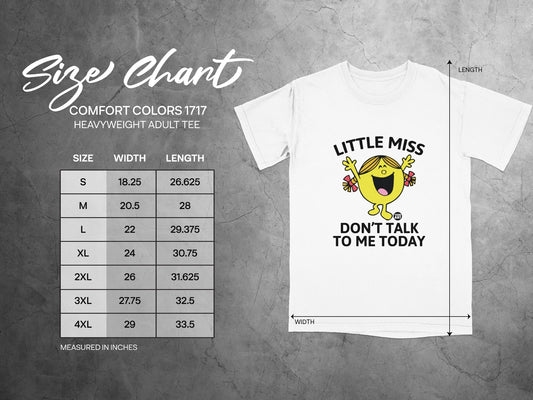 T-shirt size chart showing width and length measurements for sizes S-4XL.