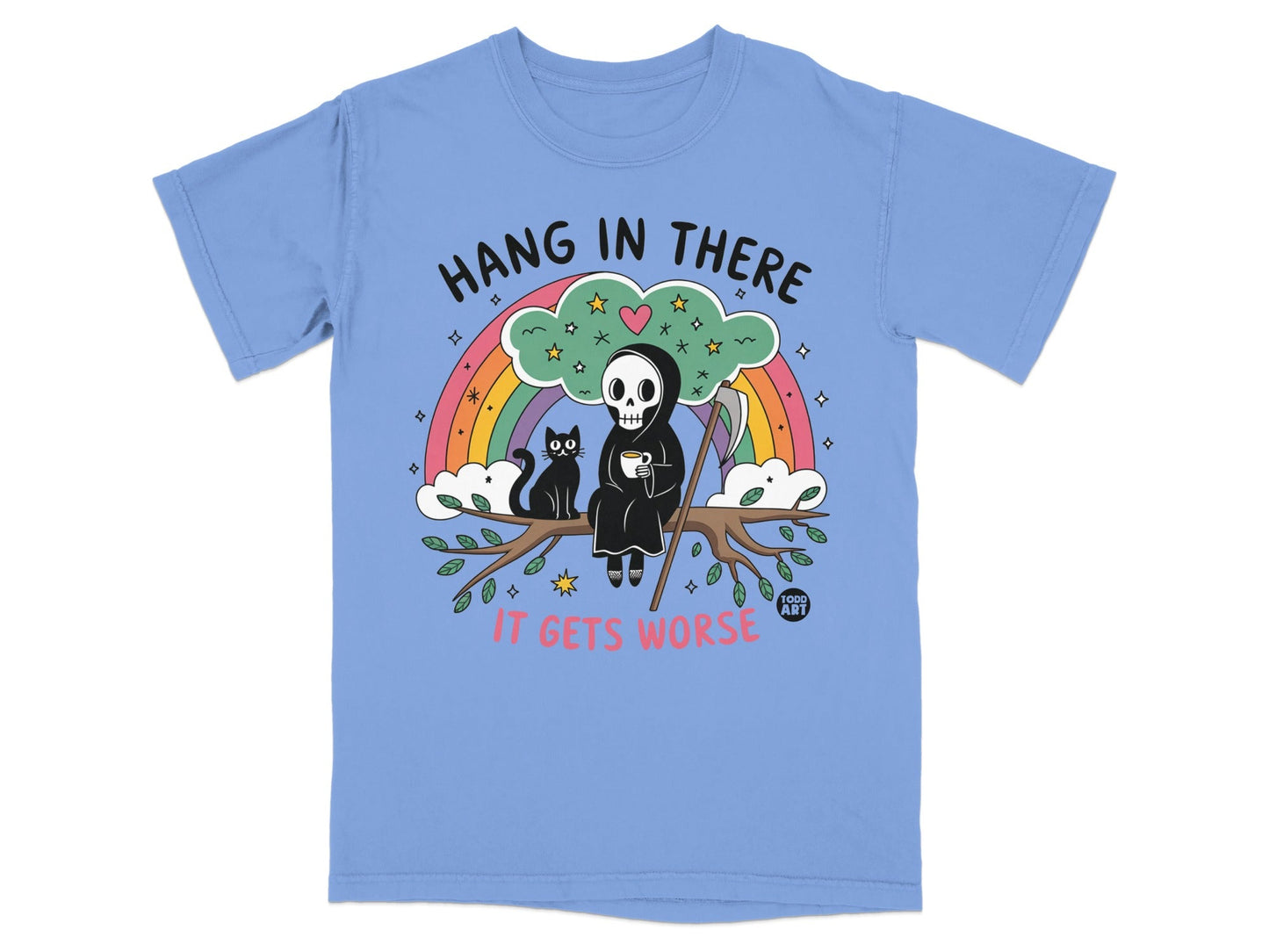 Grim reaper with cat on tree branch, "Hang in there it gets worse."