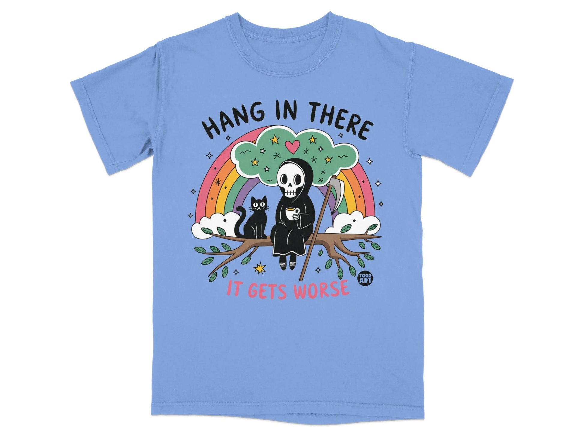 Grim reaper with cat on tree branch, "Hang in there it gets worse."