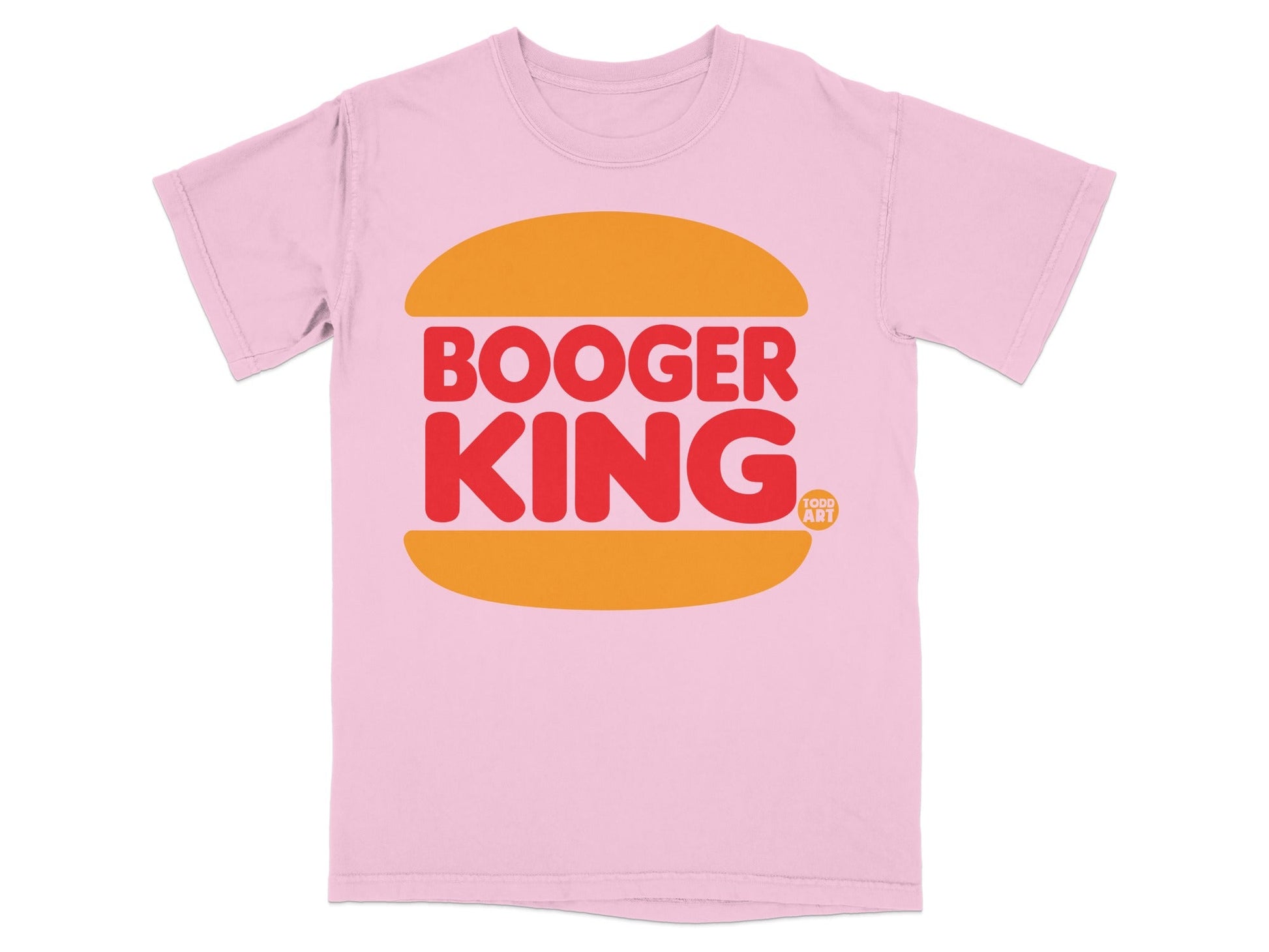 Pink t-shirt with "BOOGER KING" logo and small "TODD ART" label.