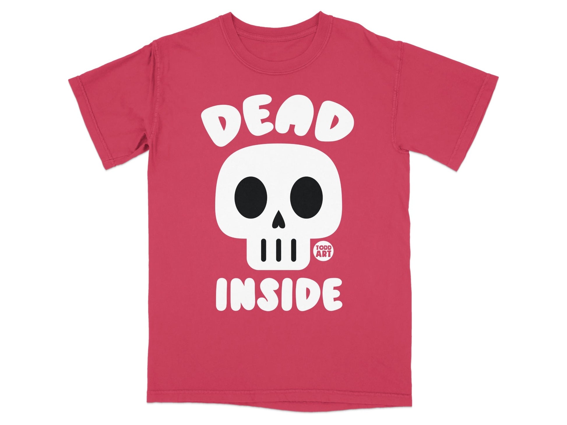 Pink t-shirt with a skull and "DEAD INSIDE" text.