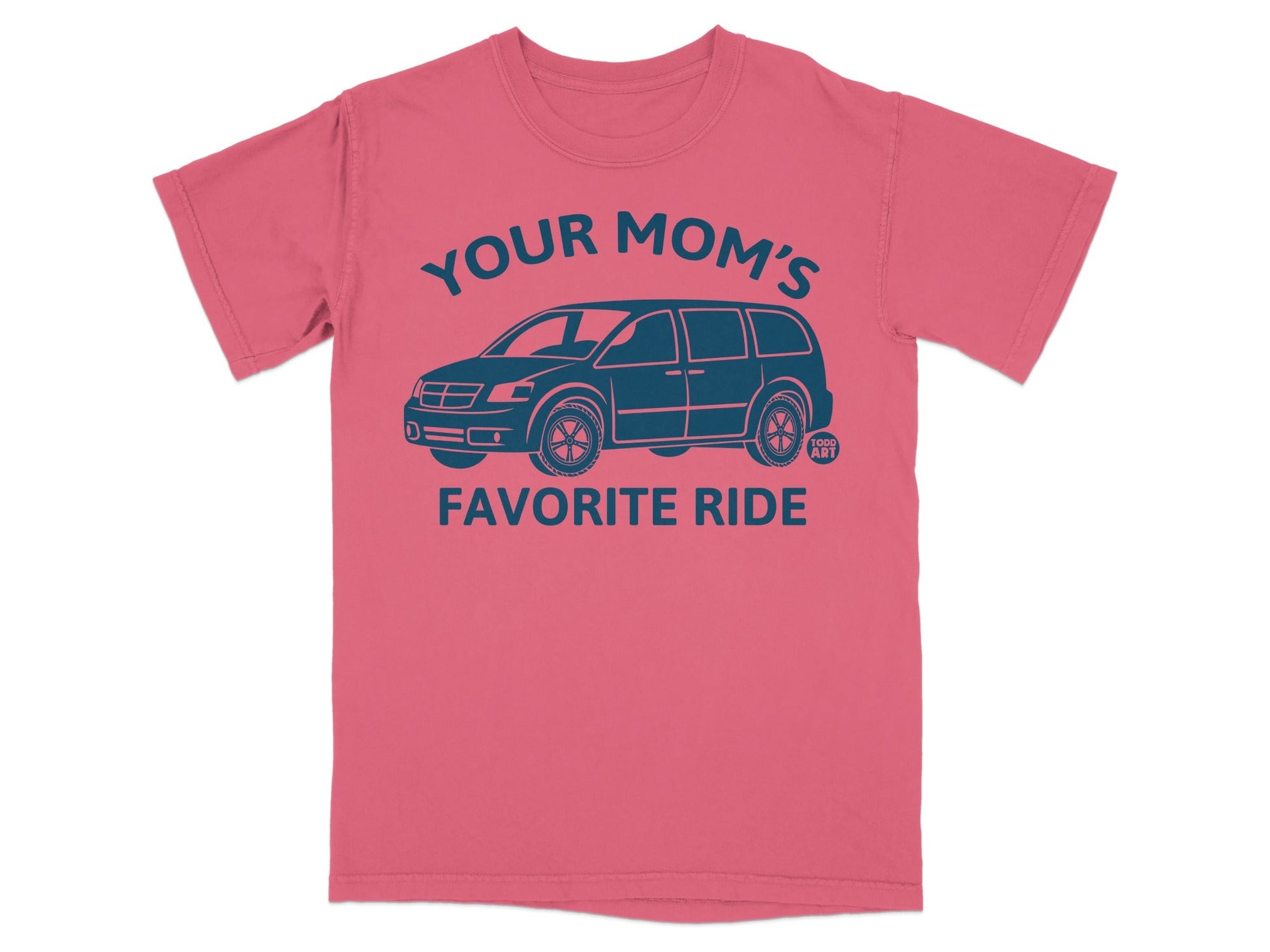 T-shirt with "YOUR MOM'S FAVORITE RIDE" and blue minivan graphic.