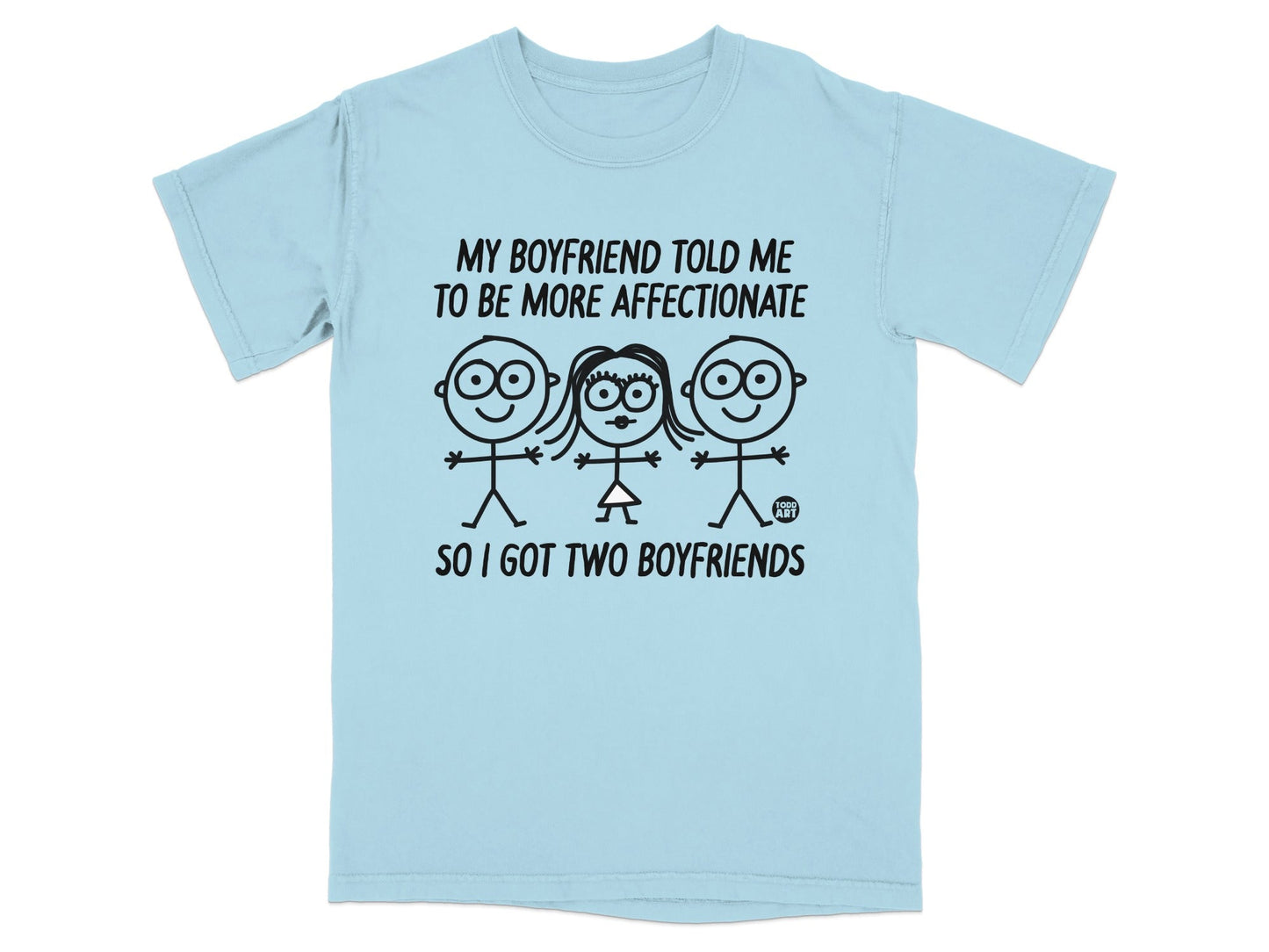 Light blue t-shirt with stick figures and text about getting two boyfriends.