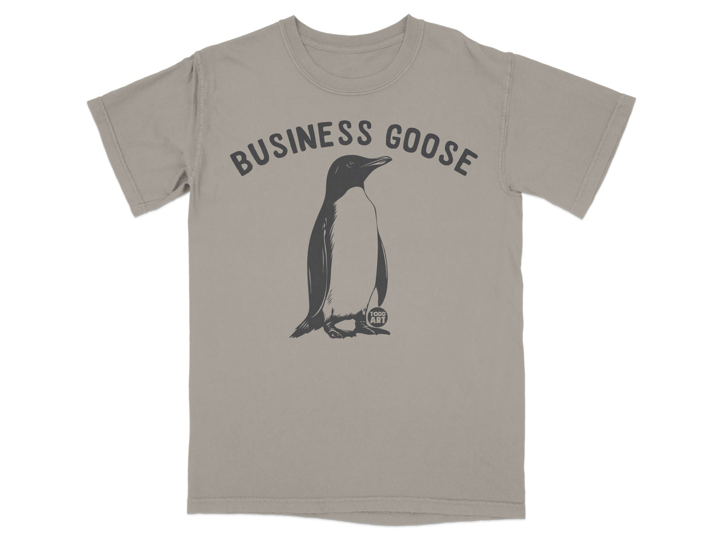 T-shirt with a penguin illustration and the text "BUSINESS GOOSE" and "TODD ART".