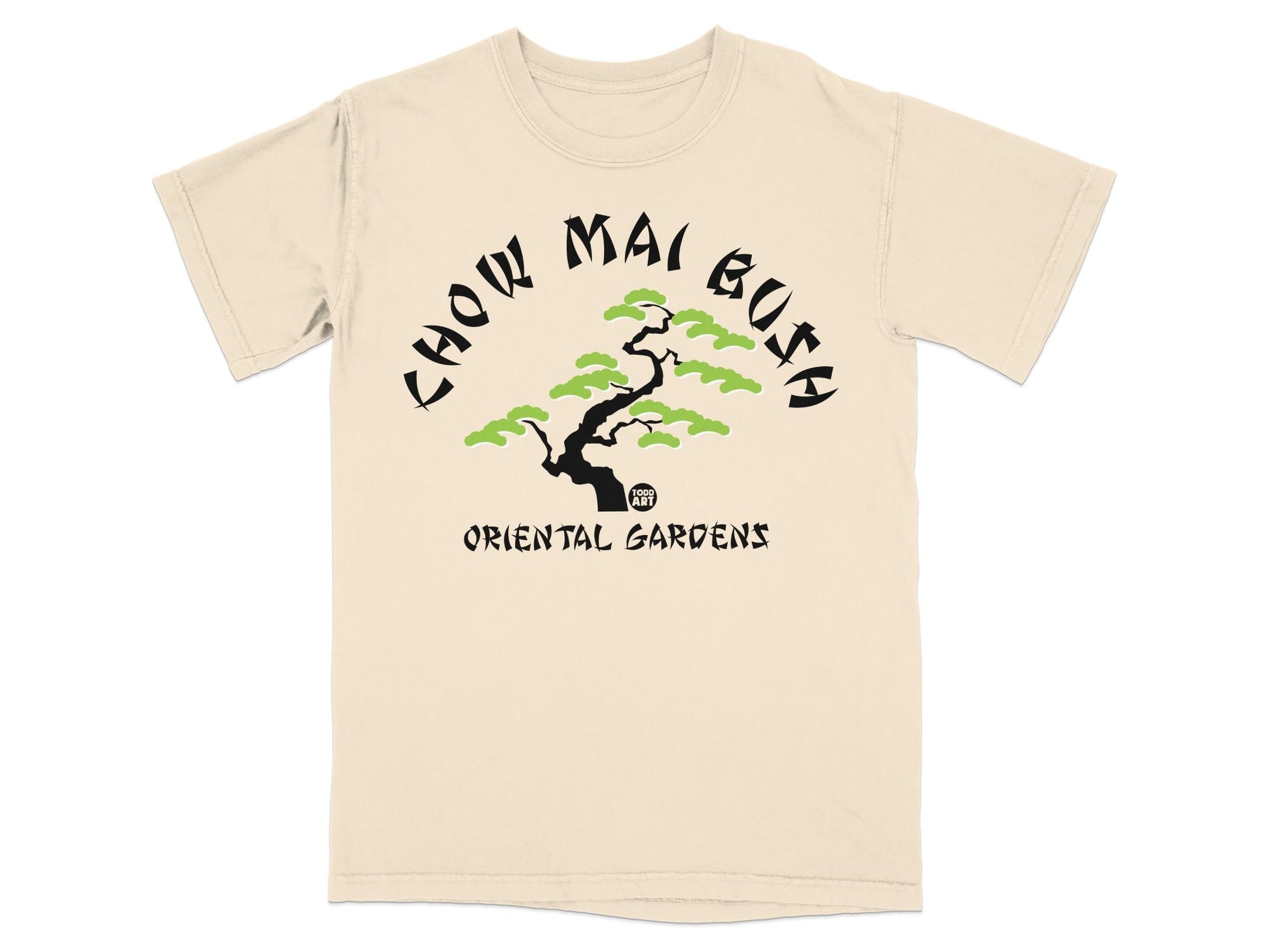 Cream t-shirt with black "CHOW MAI BUSH" and green bonsai tree logo.