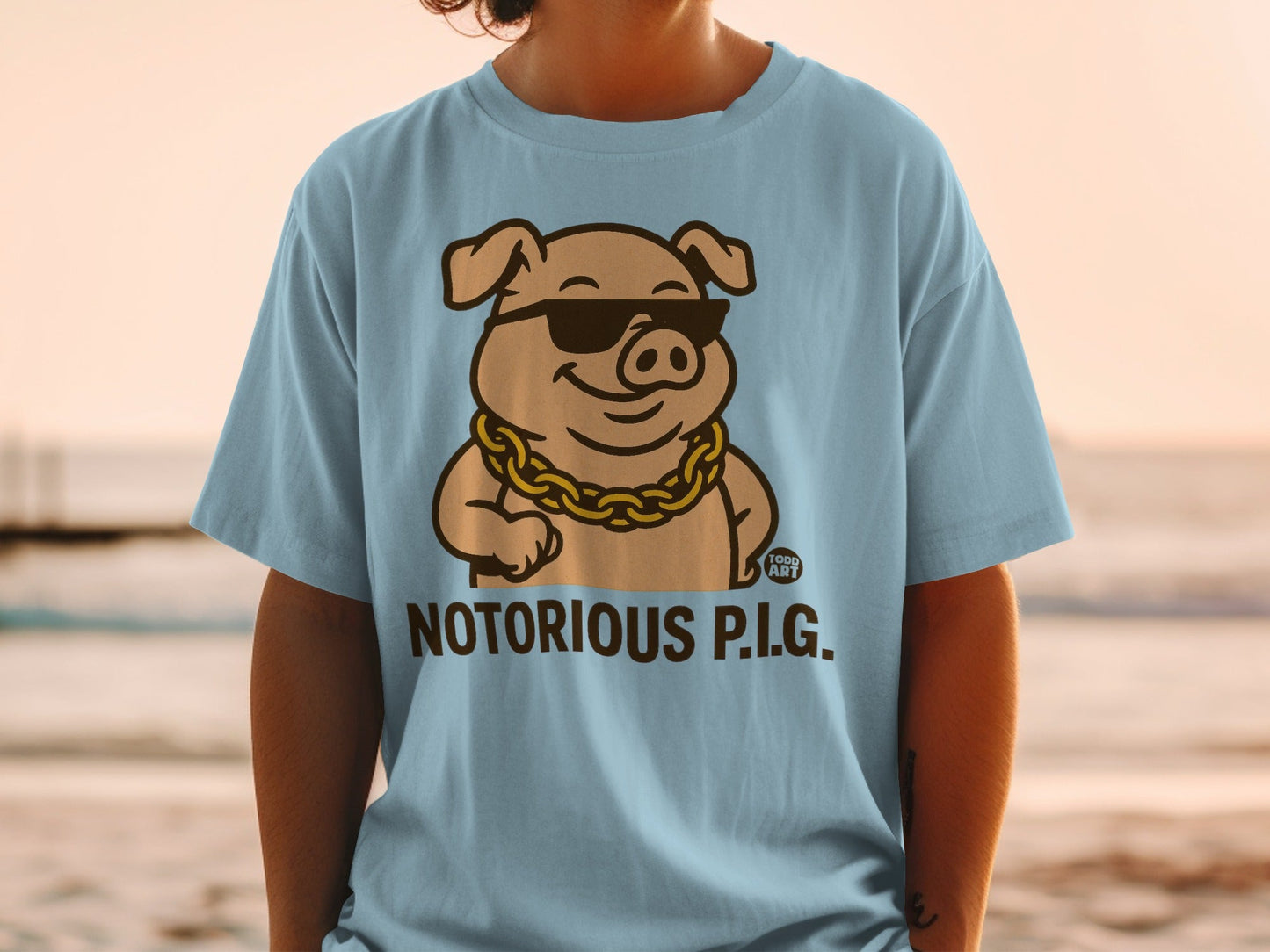 Light blue t-shirt with cartoon pig wearing sunglasses and gold chain, text "NOTORIOUS P.I.G."