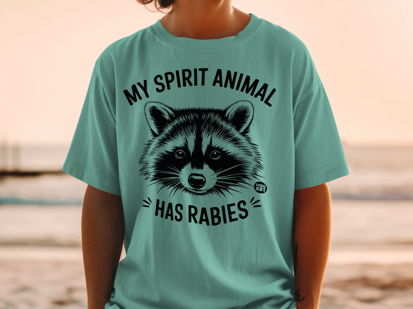 Teal t-shirt with a raccoon graphic and the text "MY SPIRIT ANIMAL HAS RABIES".