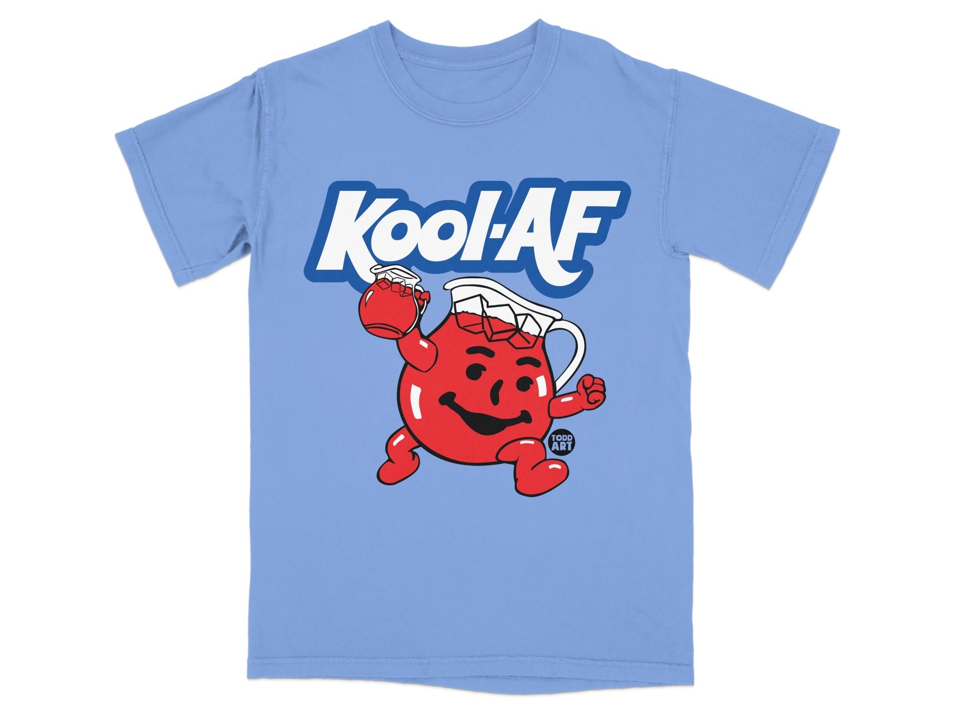 Kool-Aid Man character on a light blue t-shirt.