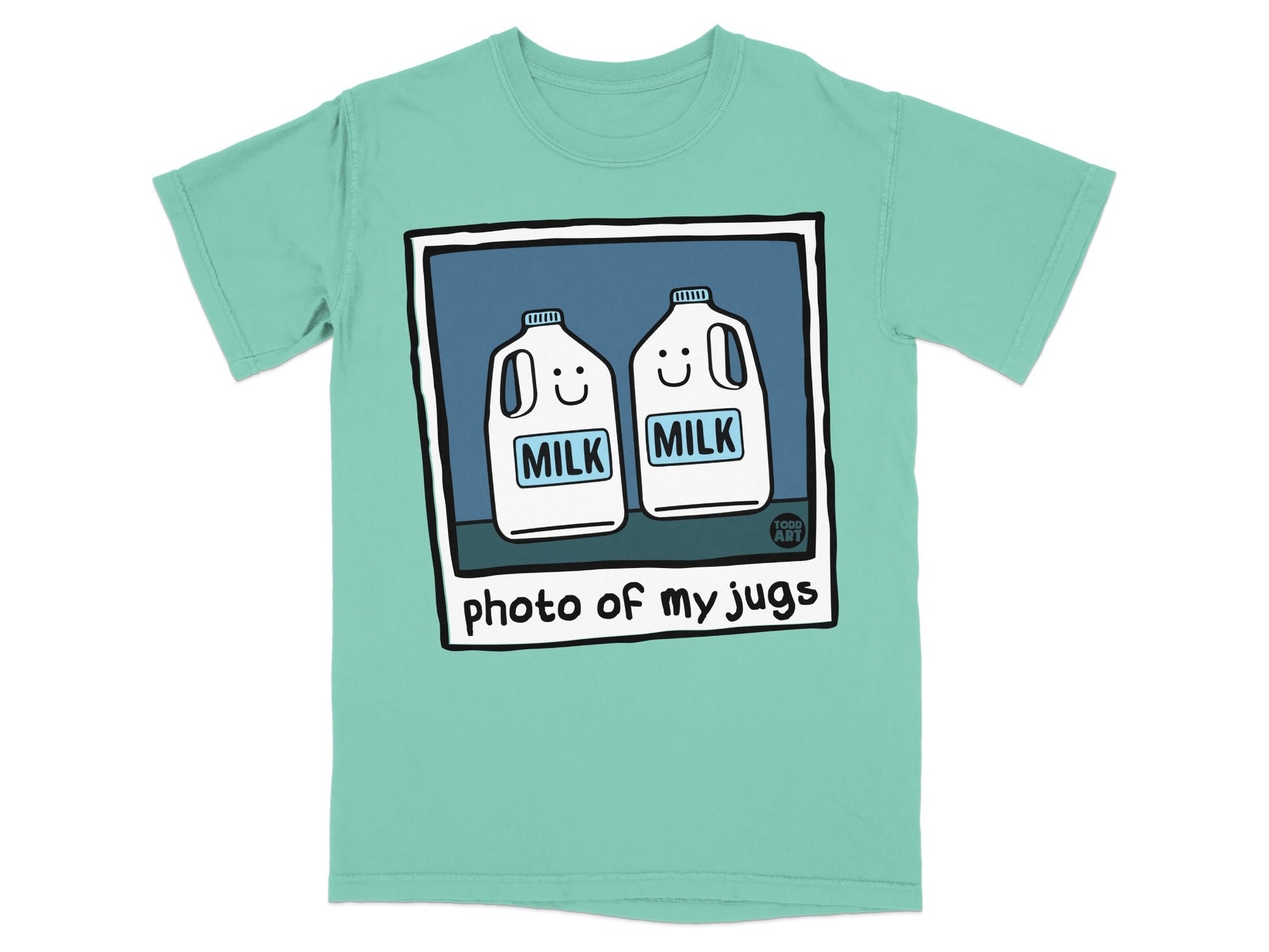 Two cartoon milk jugs with smiling faces, text "photo of my jugs".