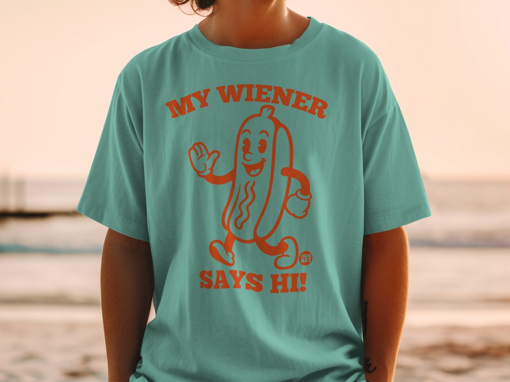 Teal t-shirt with cartoon hot dog saying "My Wiener Says Hi!"