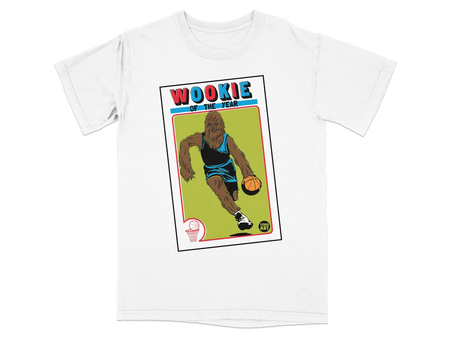 Chewbacca dribbling a basketball on a trading card graphic on a white t-shirt.