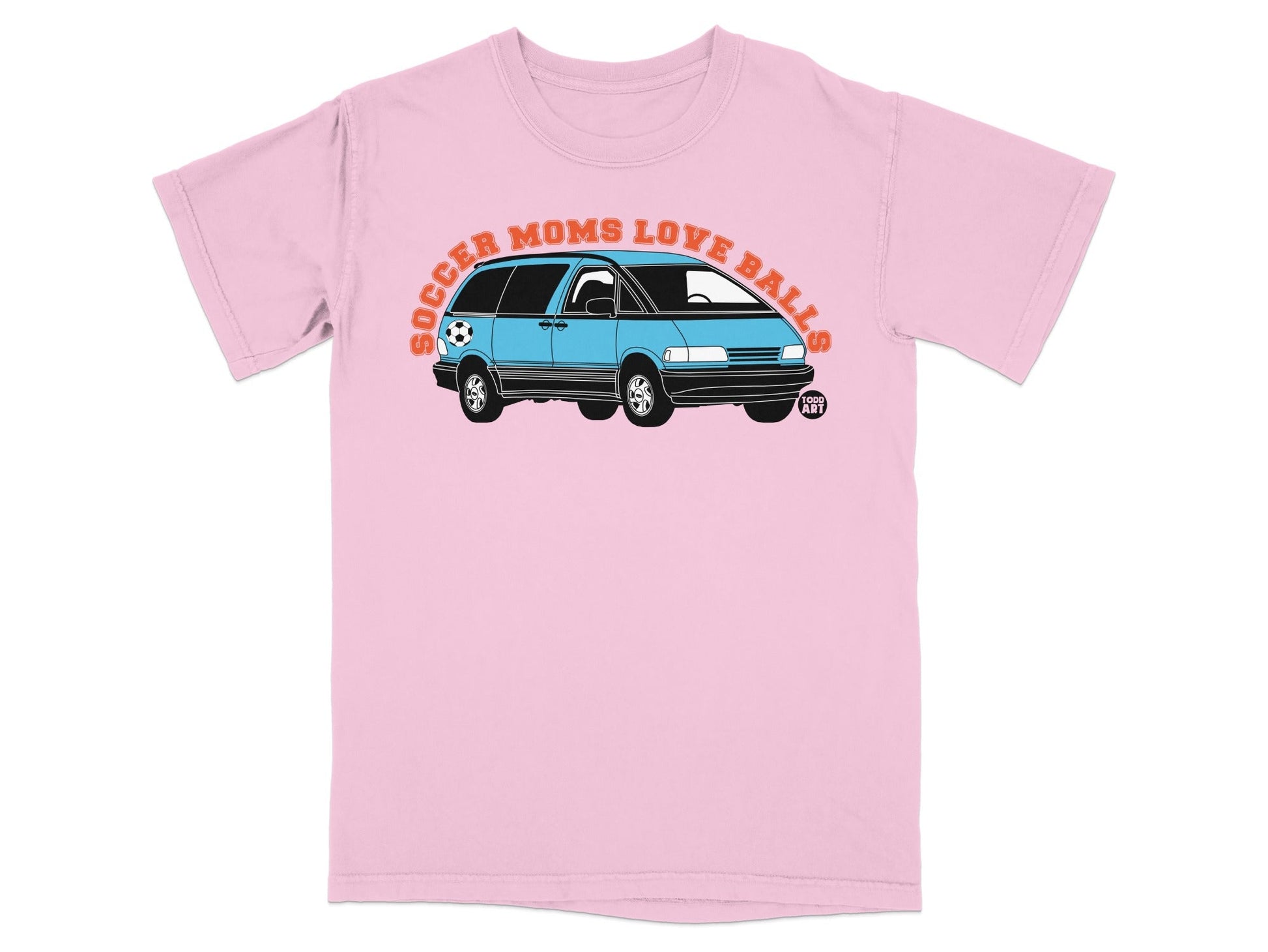 Pink t-shirt with "SOCCER MOMS LOVE BALLS" and a blue minivan illustration.