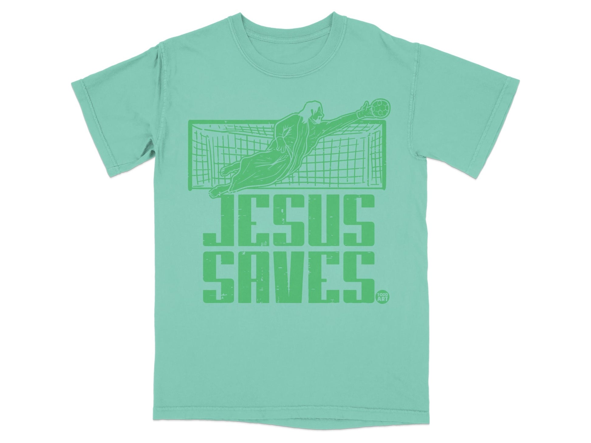 Mint green t-shirt with "JESUS SAVES" text and goalie graphic.